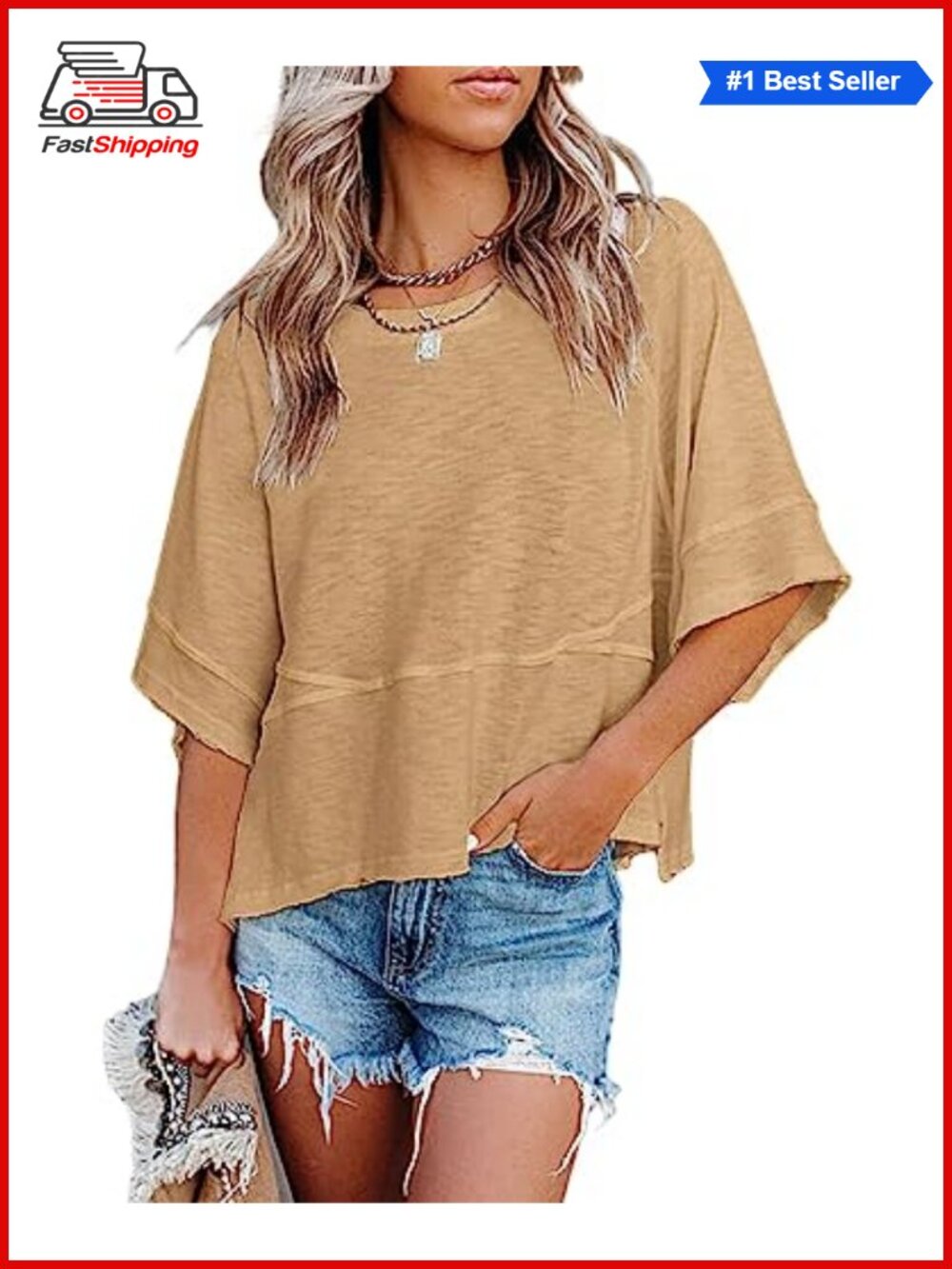 Women's 3/4 Sleeve Loose Fit Crewneck T-Shirt Casual Top